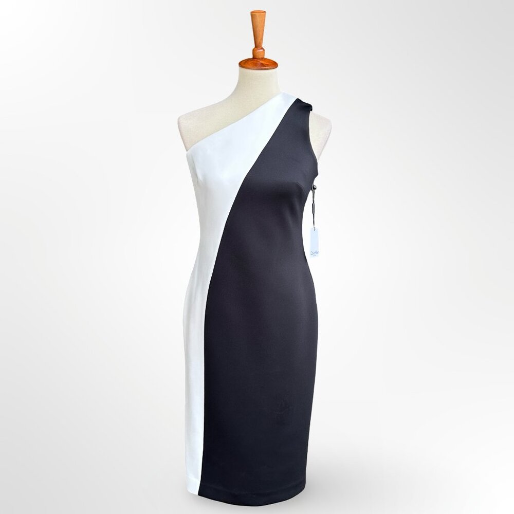 NWT $134 Calvin Klein one shoulder black and white dress 6 S small scuba stretch